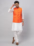 Vastramay Men's Orange Matka Silk Nehru Jacket With White Silk Blend Kurta Pyjama Set